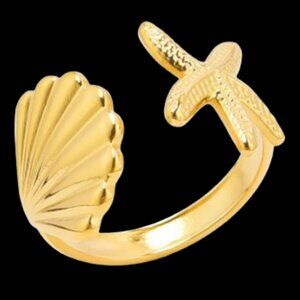18kt Yellow Gold Plated Starfish and Shell Beachy Ring
